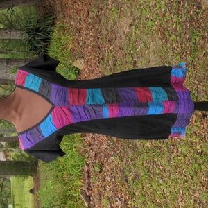 Leopards & Roses Black V-Neck Short Sleeve Dress w/ Color Block Turquoise Purple